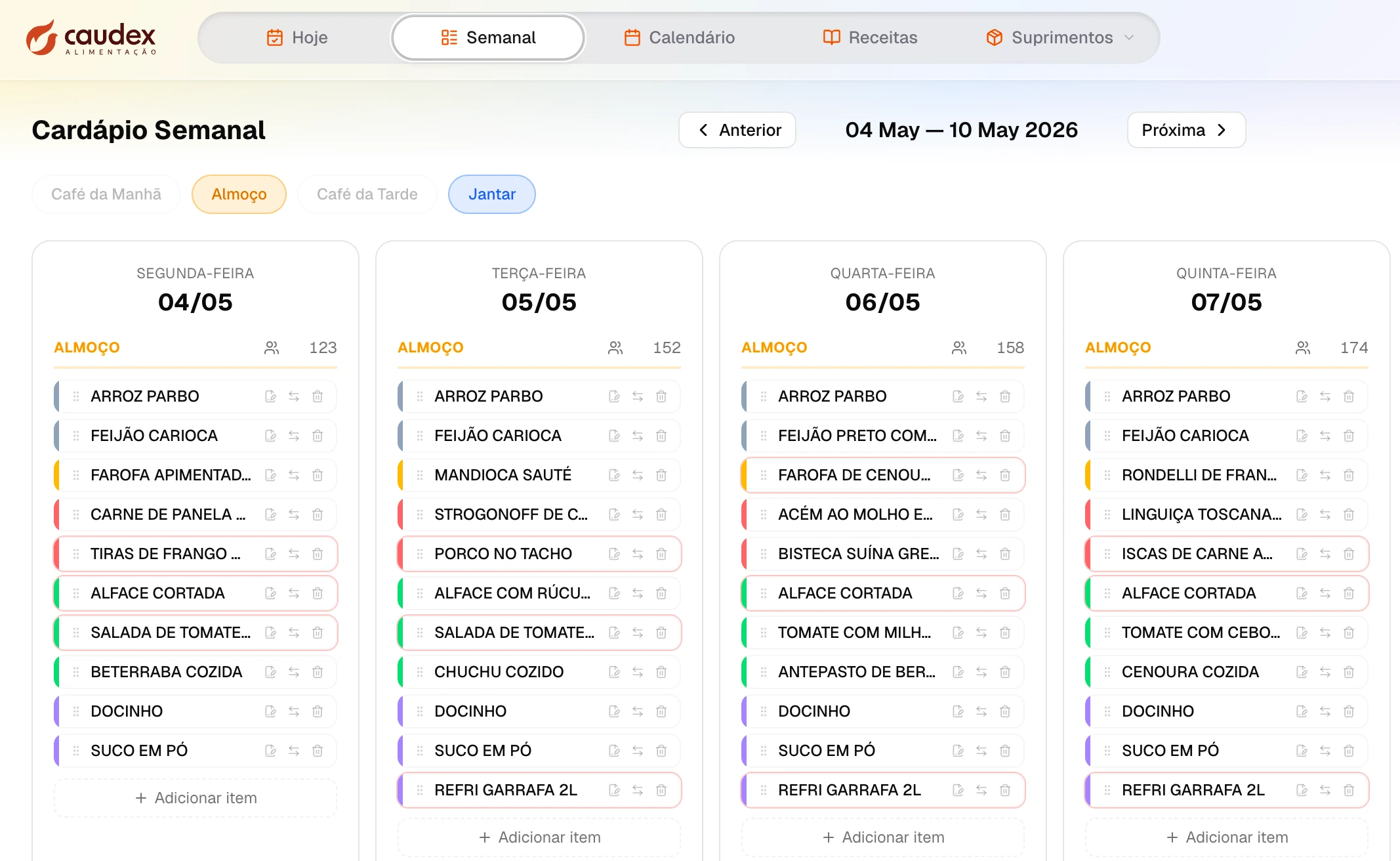 Tela do cardápio semanal com pratos organizados por dia