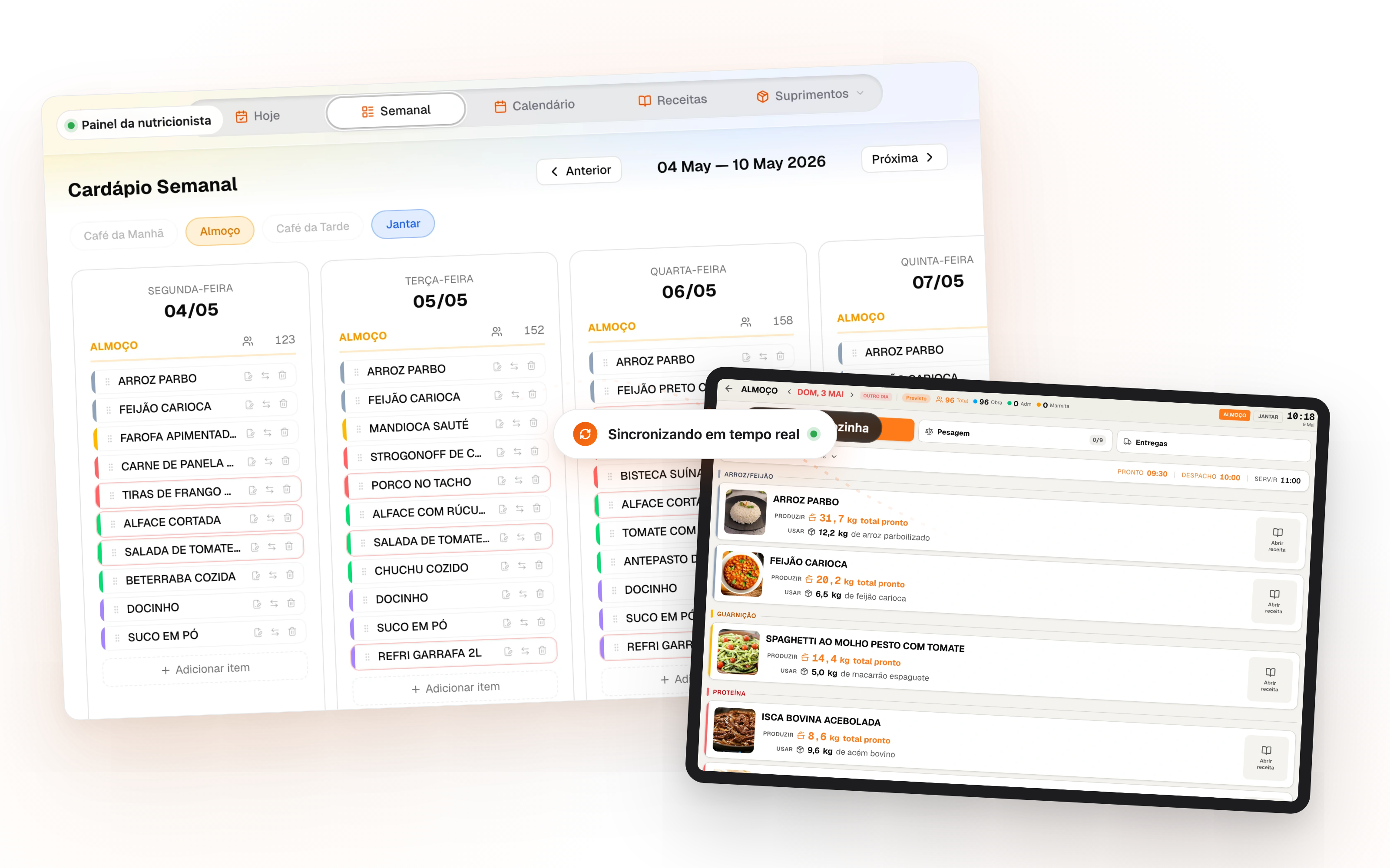 Painel da nutricionista e tablet da cozinha sincronizando em tempo real